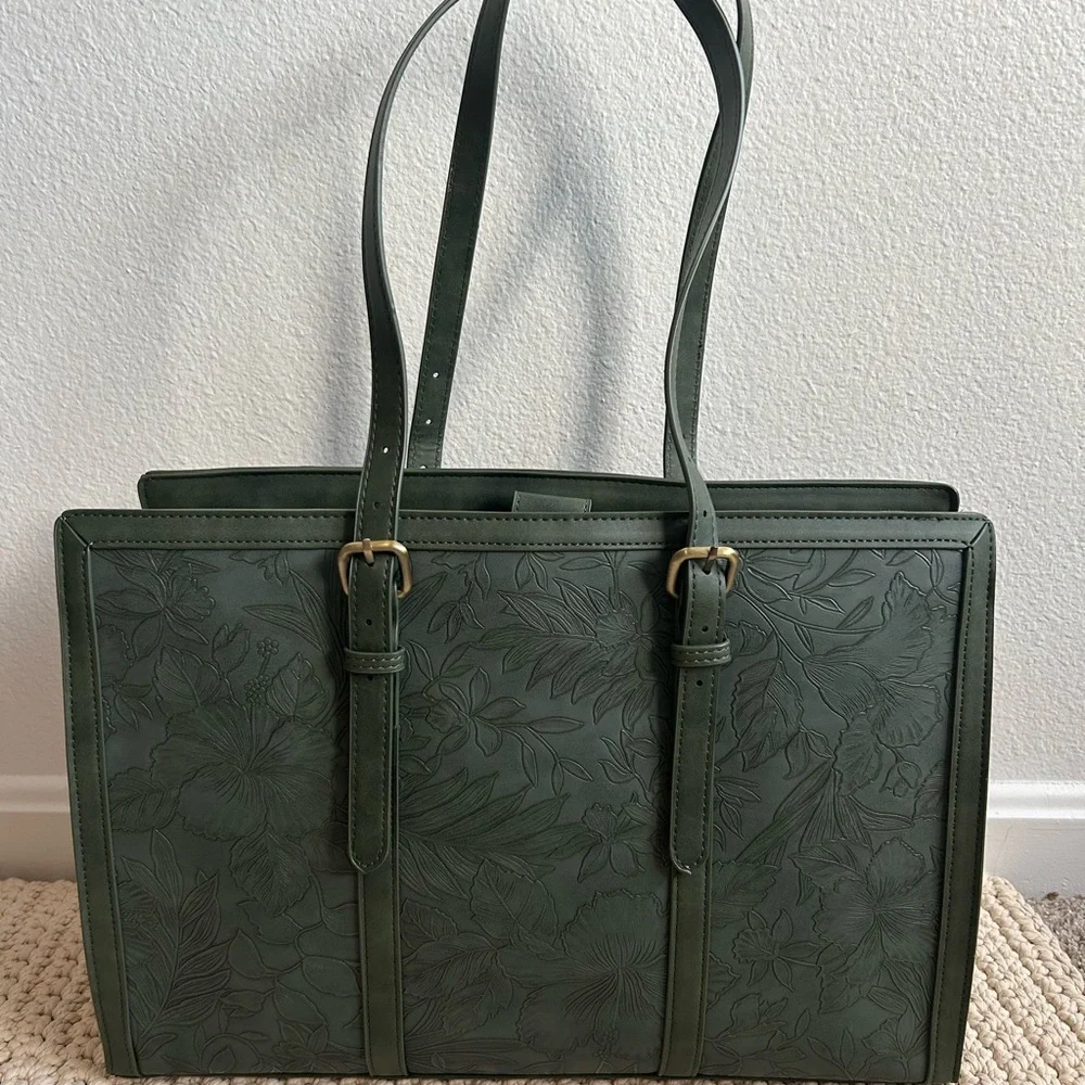 Leather Style Embossed Floral Forest Green Women's Tote Bag - Picture 7 of 15